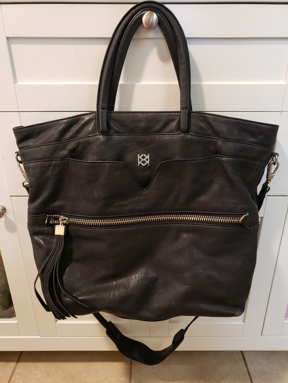 Christopher Kon Montreal Designer Leather Tote Bag with Front Zip and Tassel